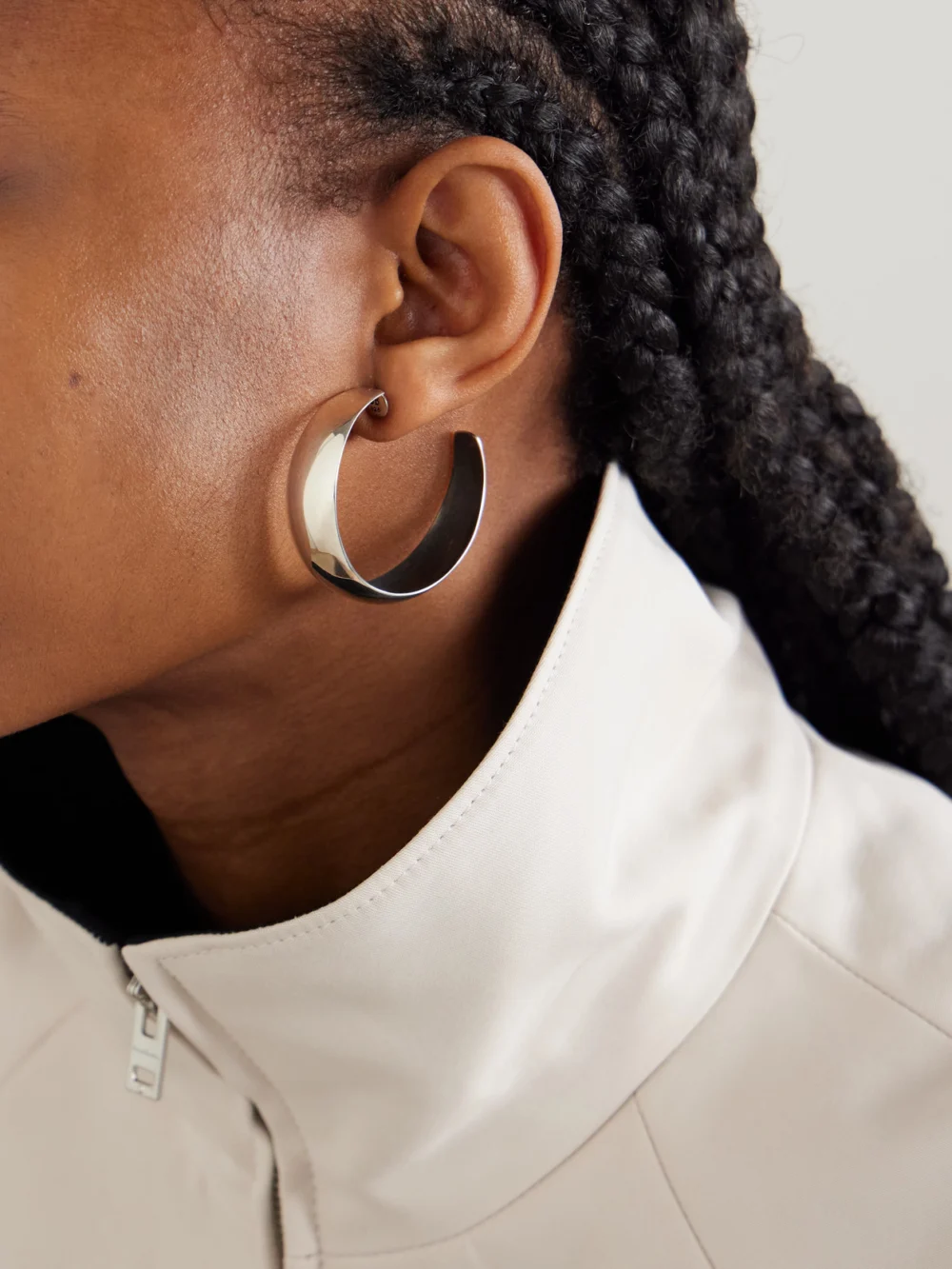 Sophie Buhai Moon Silver Hoop Earrings, styled view