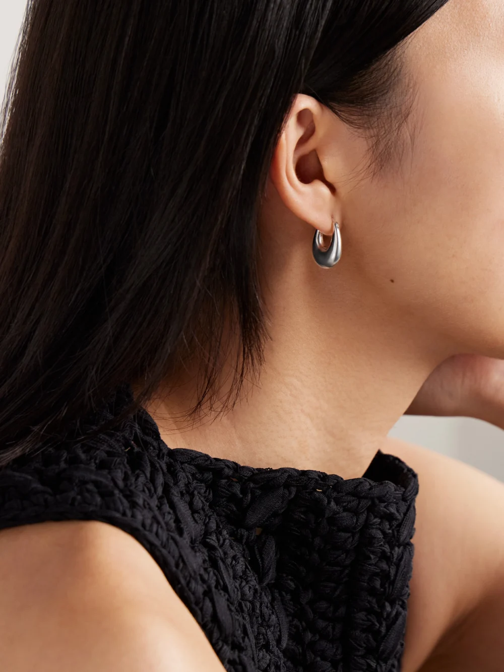 Sophie Buhai Small Etruscan Silver Hoop Earrings, styled view
