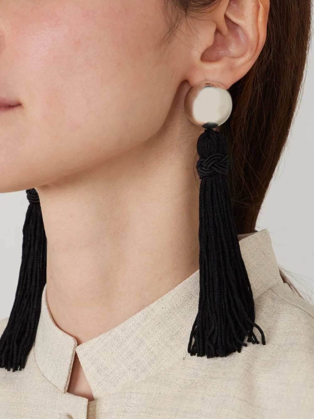 Sophie Buhai Venetian Tasseled Silver Earrings, styled view