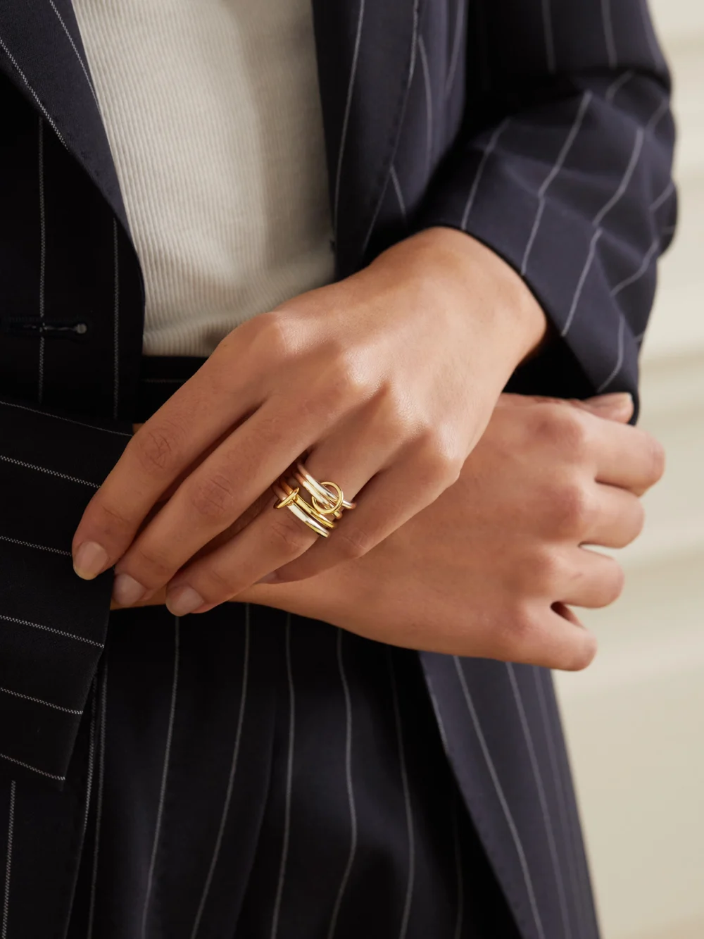 Spinelli Kilcollin Cancer Set of Four 18-karat Gold and Sterling Silver Ring, styled view