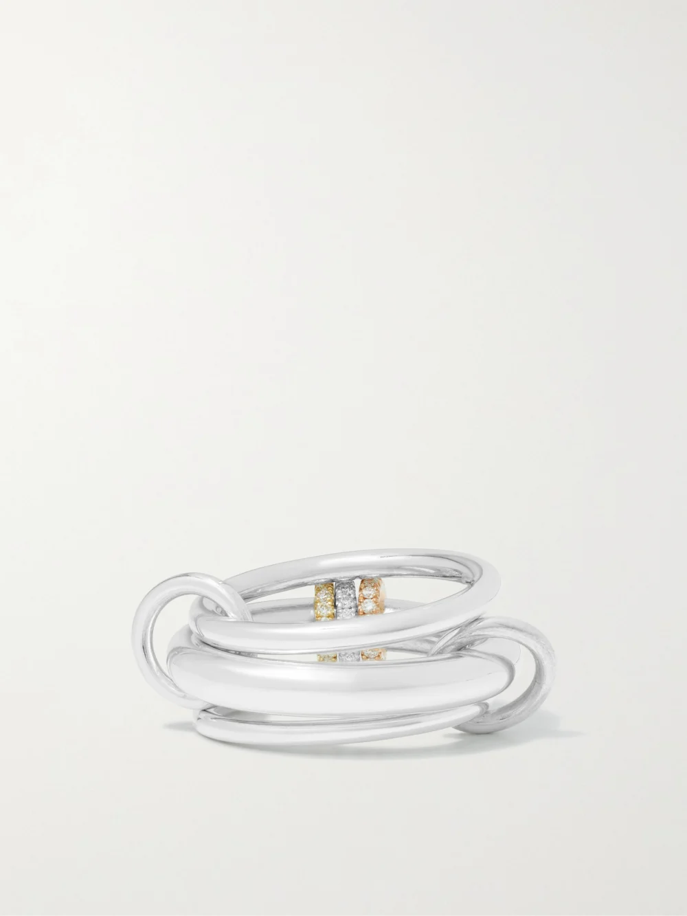 Back view of the Spinelli Kilcollin Gemini Set of Three 18-karat White, Yellow and Rose Gold Diamond Rings