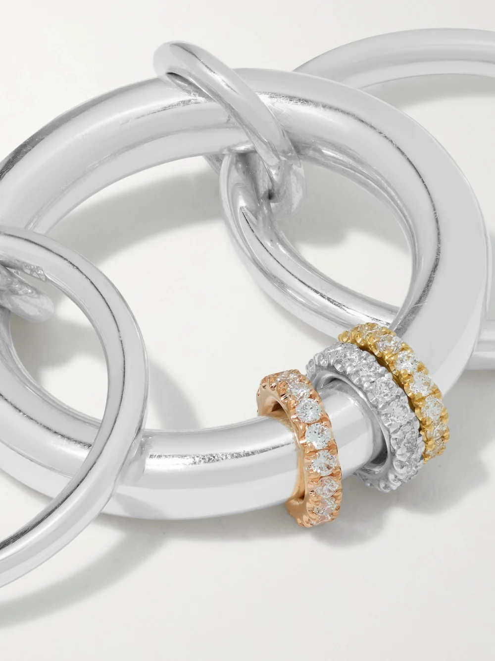Close-up detail of the Spinelli Kilcollin Gemini Set of Three 18-karat White, Yellow and Rose Gold Diamond Rings