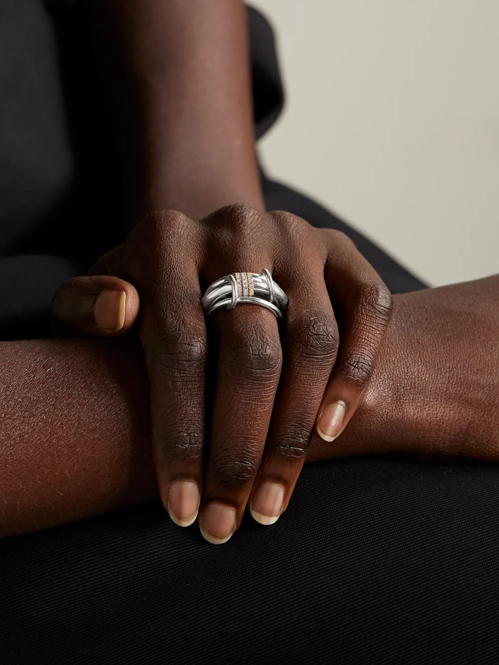 Spinelli Kilcollin Gemini Set of Three 18-karat White, Yellow and Rose Gold Diamond Rings, styled view
