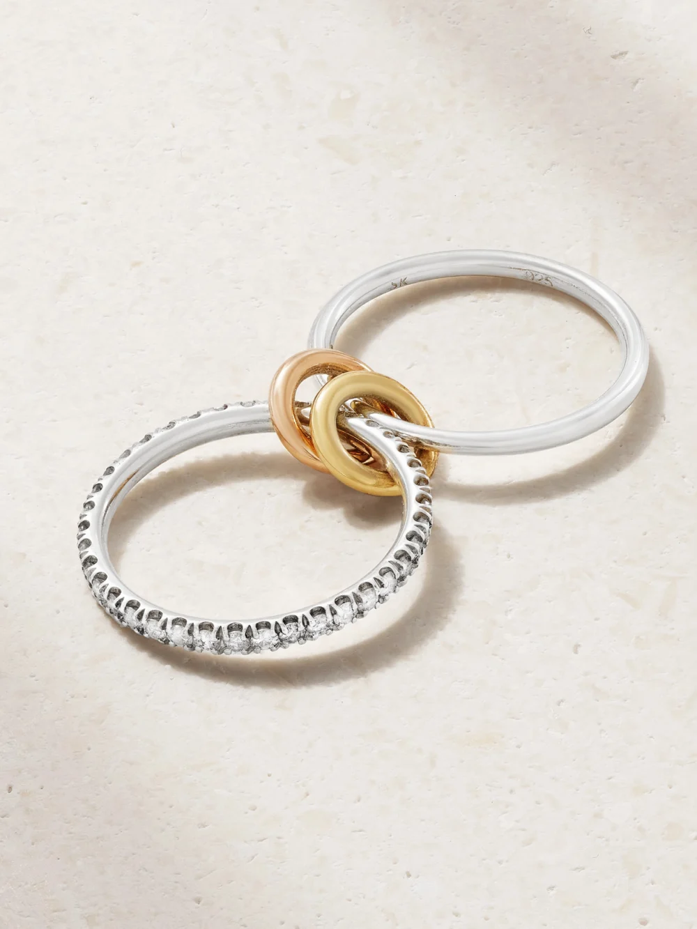 Back view of the Spinelli Kilcollin Marigold Set of Two Sterling Silver and 18-karat Yellow and Rose Gold Diamond Rings