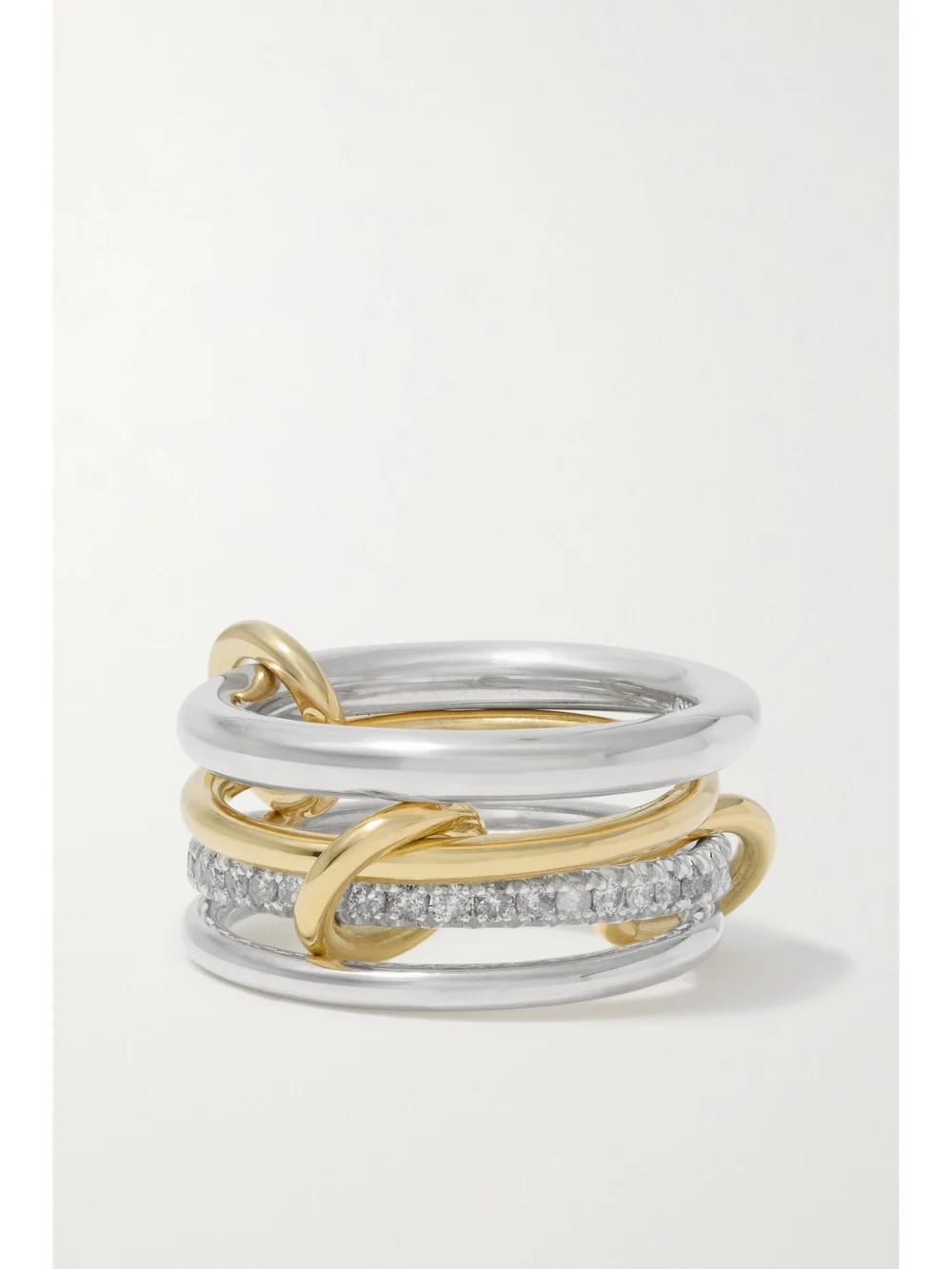 Back view of the Spinelli Kilcollin Nimbus Set of Four Sterling Silver and 18-karat Gold Diamond Rings