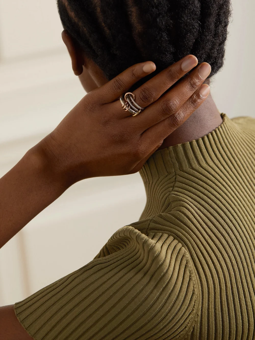 Spinelli Kilcollin Orion Set of Three Sterling Silver and 18-karat Yellow and Rose Gold Rings, styled view