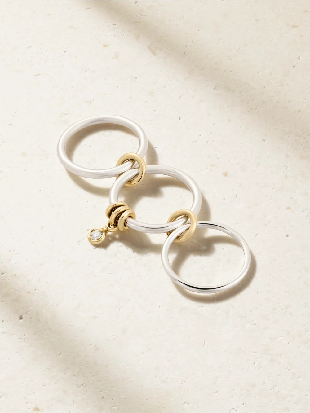 Back view of the Spinelli Kilcollin Piera Set of Three 18-karat Gold, Sterling Silver and Diamond Rings
