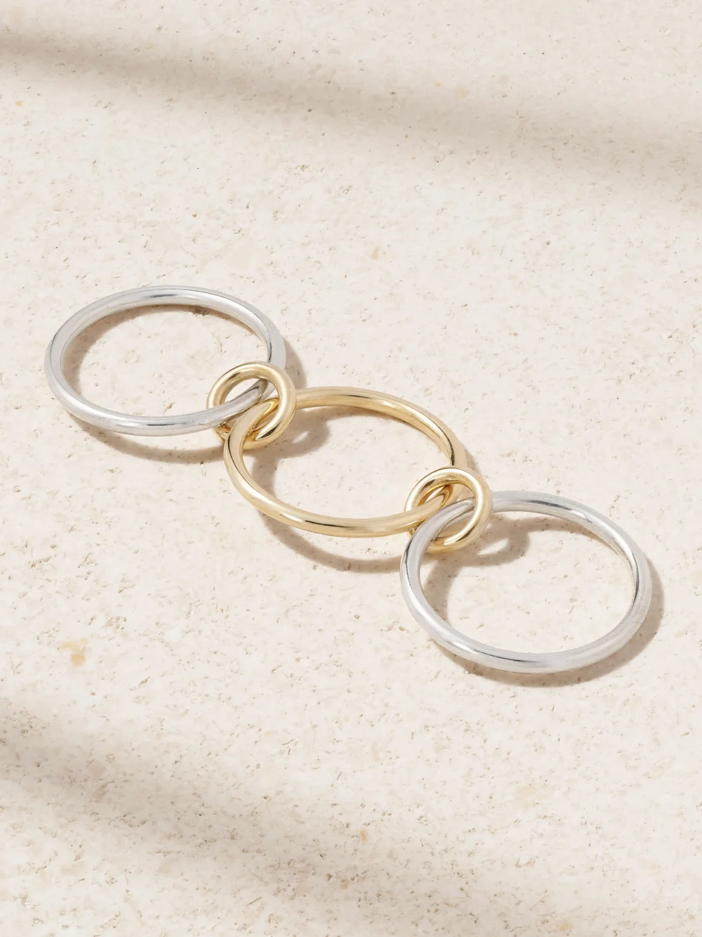 Back view of the Spinelli Kilcollin Solarium Set of Three 18-karat Gold and Sterling Silver Rings