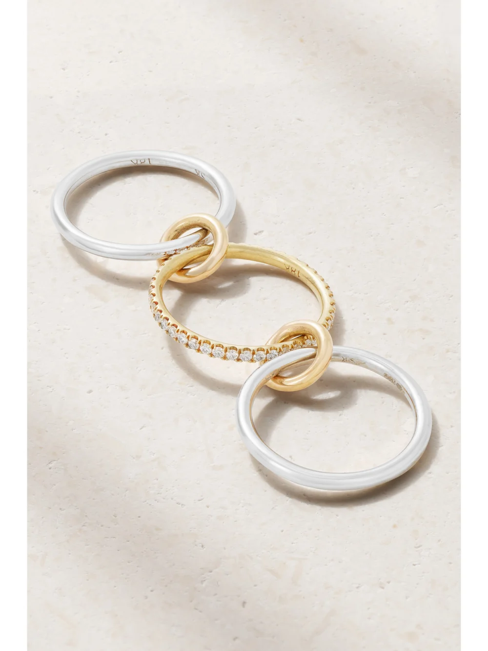 Back view of the Spinelli Kilcollin Sonny Set of Three 18-karat White, Yellow and Rose Gold Diamond Rings