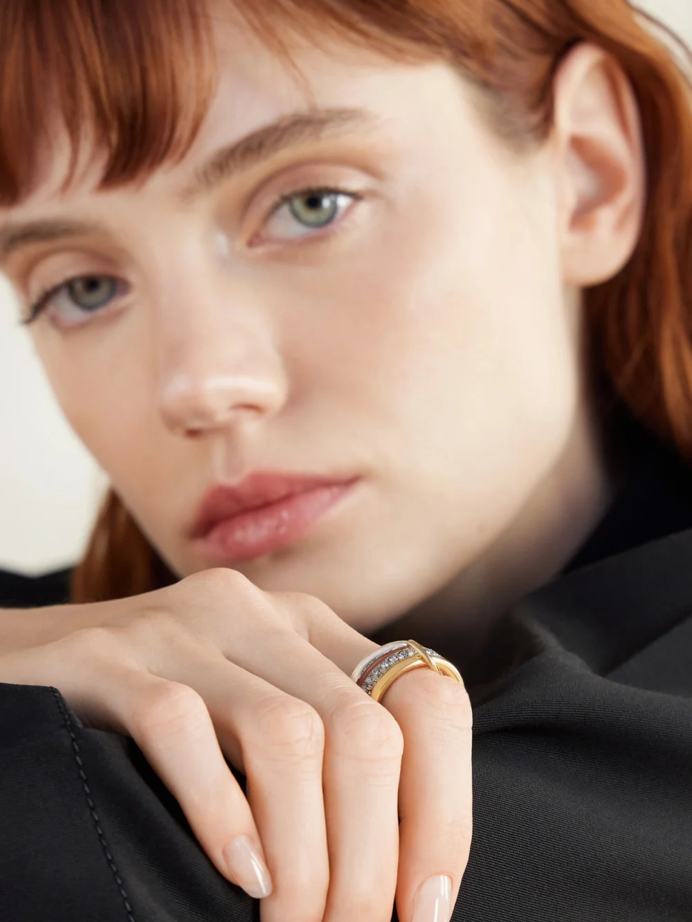 Spinelli Kilcollin Taurus Set of Three 18-karat Gold and Sterling Silver Diamond Rings, styled view