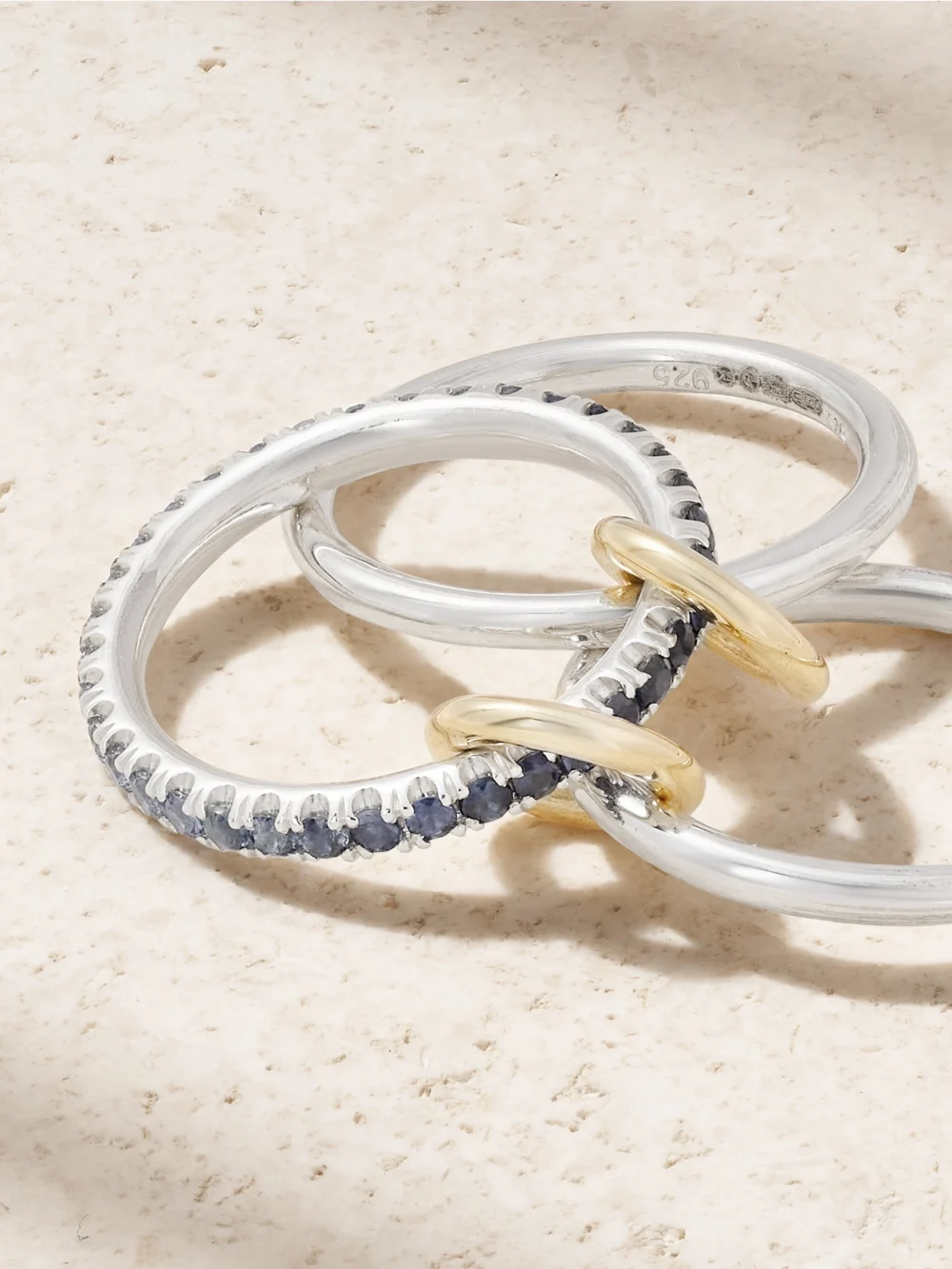 Close-up detail of the Spinelli Kilcollin Tigris 18-karat Gold, Sterling Silver and Sapphire Ring