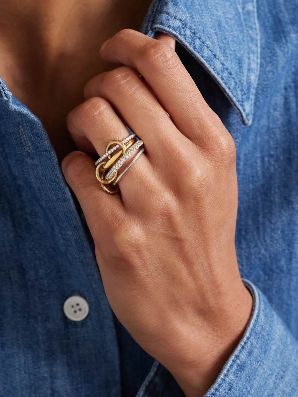 Spinelli Kilcollin Vega Set of Four Sterling Silver and 18-karat Gold Diamond Rings, styled view