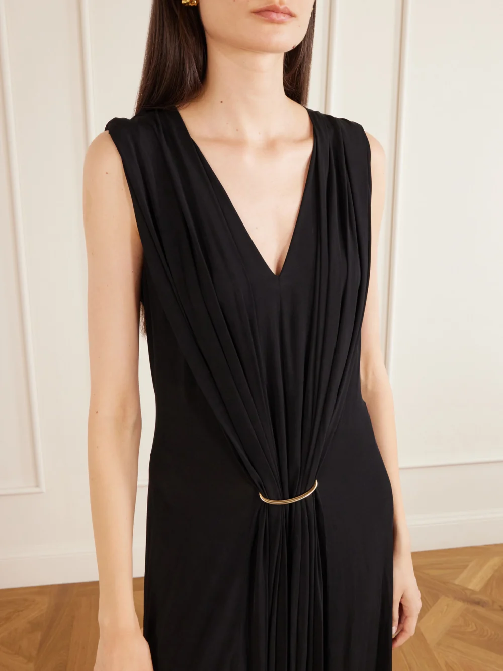Close-up detail of the Sportmax Gathered Embellished Stretch-jersey Maxi Dress