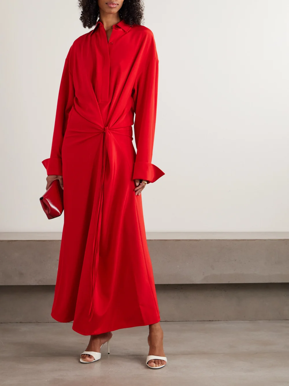 Sportmax Knotted Silk-blend Crepe De Chine Maxi Shirt Dress, worn by a model