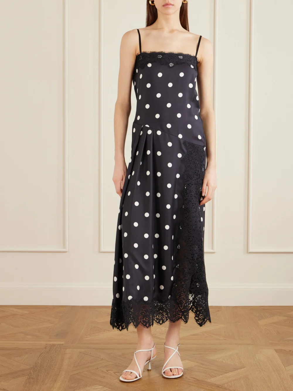 Sportmax Polka-dot Pleated Lace-trimmed Silk Maxi Dress, worn by a model