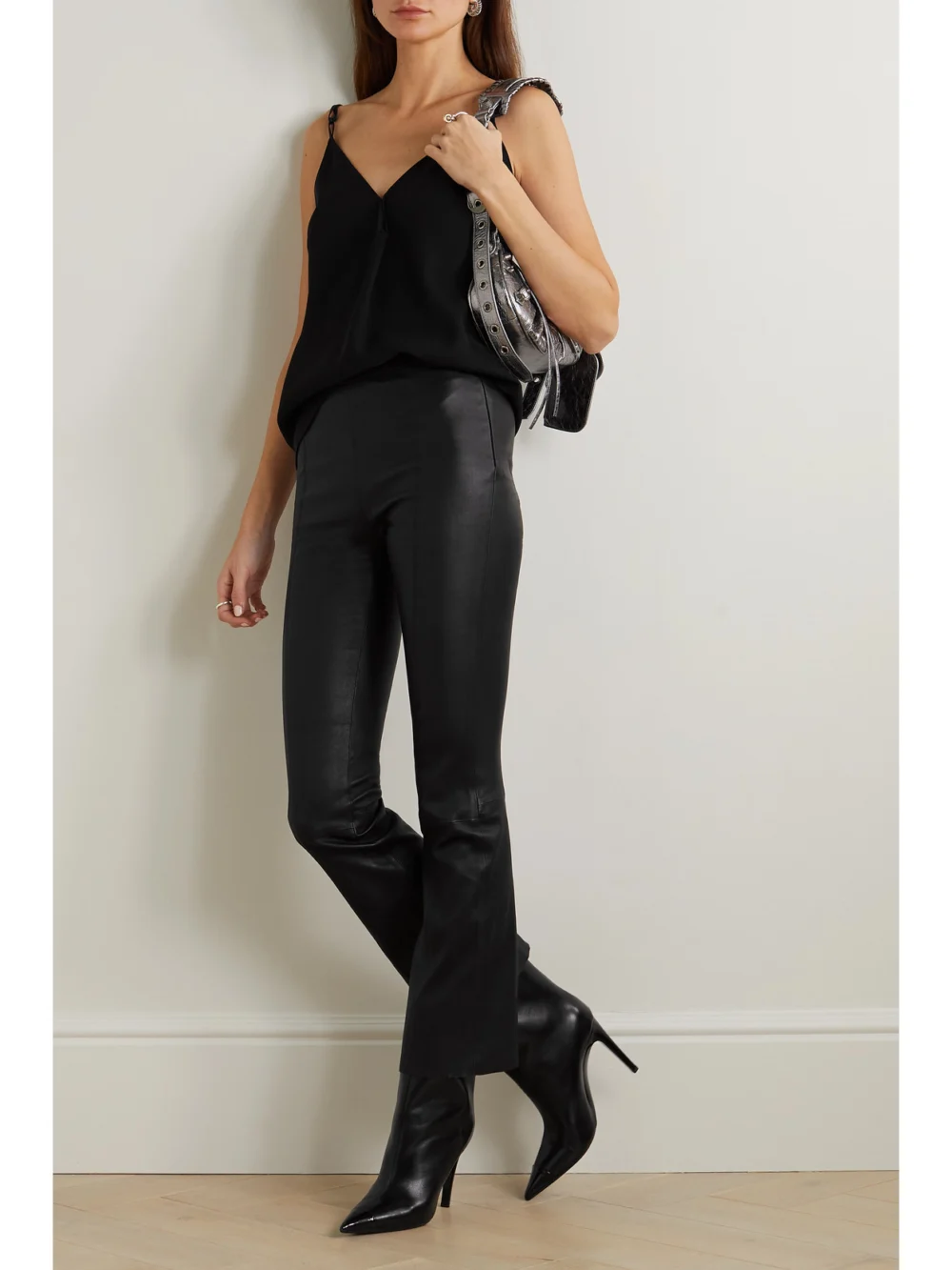 Sprwmn Paneled Leather Flared Pants, worn by a model