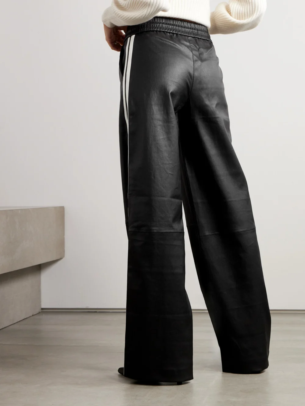 Back view of the Sprwmn Striped Leather Straight-leg Sweatpants
