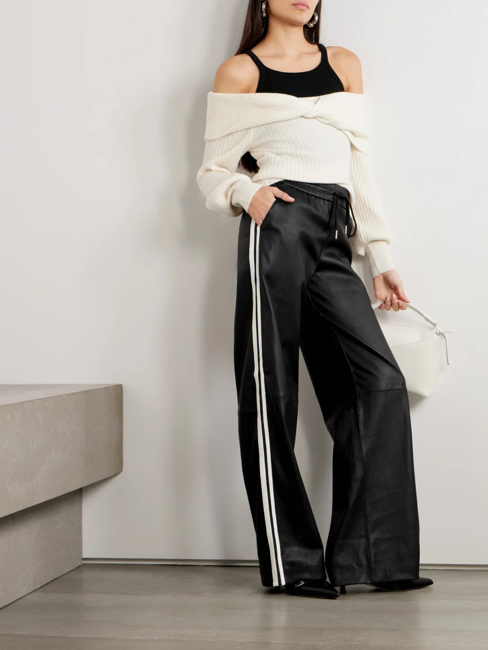 Sprwmn Striped Leather Straight-leg Sweatpants, worn by a model