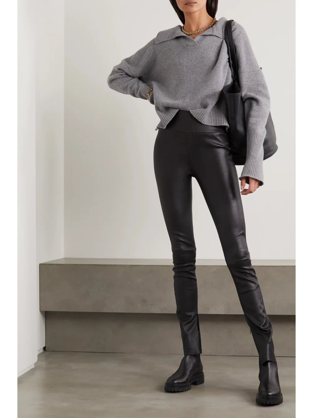 Sprwmn Zip-detailed Leather Leggings, worn by a model