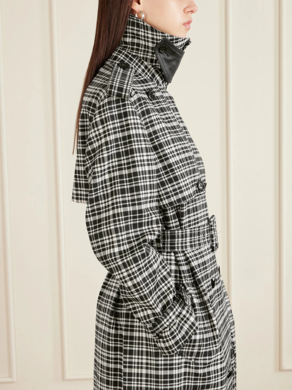 Close-up detail of the S.S. Daley Edna Houndstooth Wool and Cotton-blend Trench Coat
