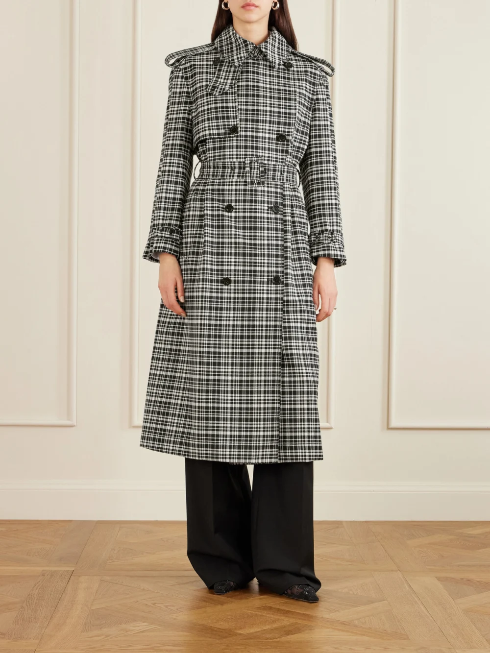 S.S. Daley Edna Houndstooth Wool and Cotton-blend Trench Coat, worn by a model