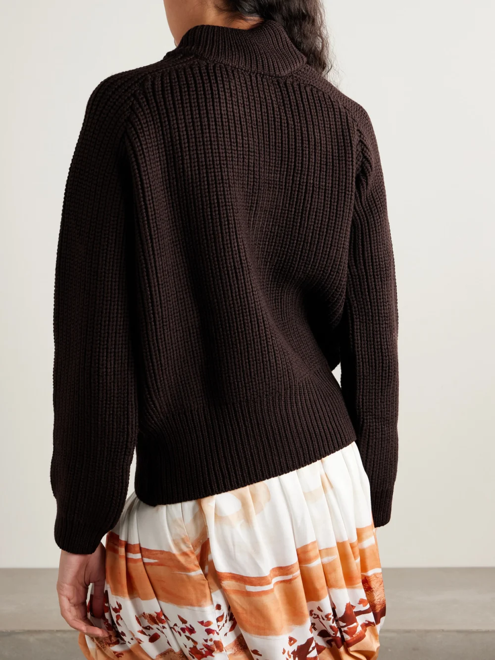 Back view of the S.S. Daley Embroidered Ribbed Merino Wool Turtleneck Sweater