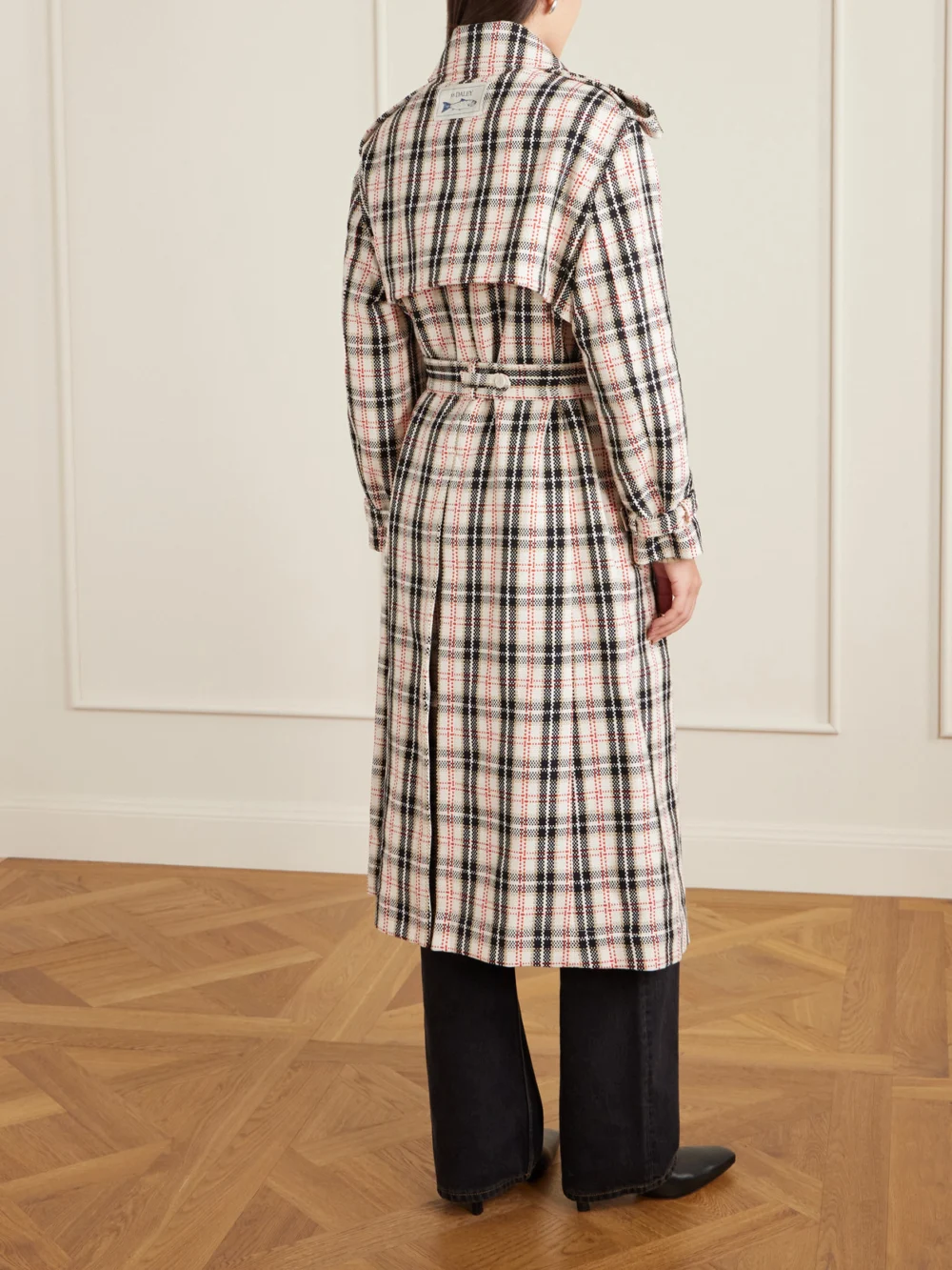Back view of the S.S. Daley Eve Belted Double-breasted Checked Cotton-blend Tweed Trench Coat