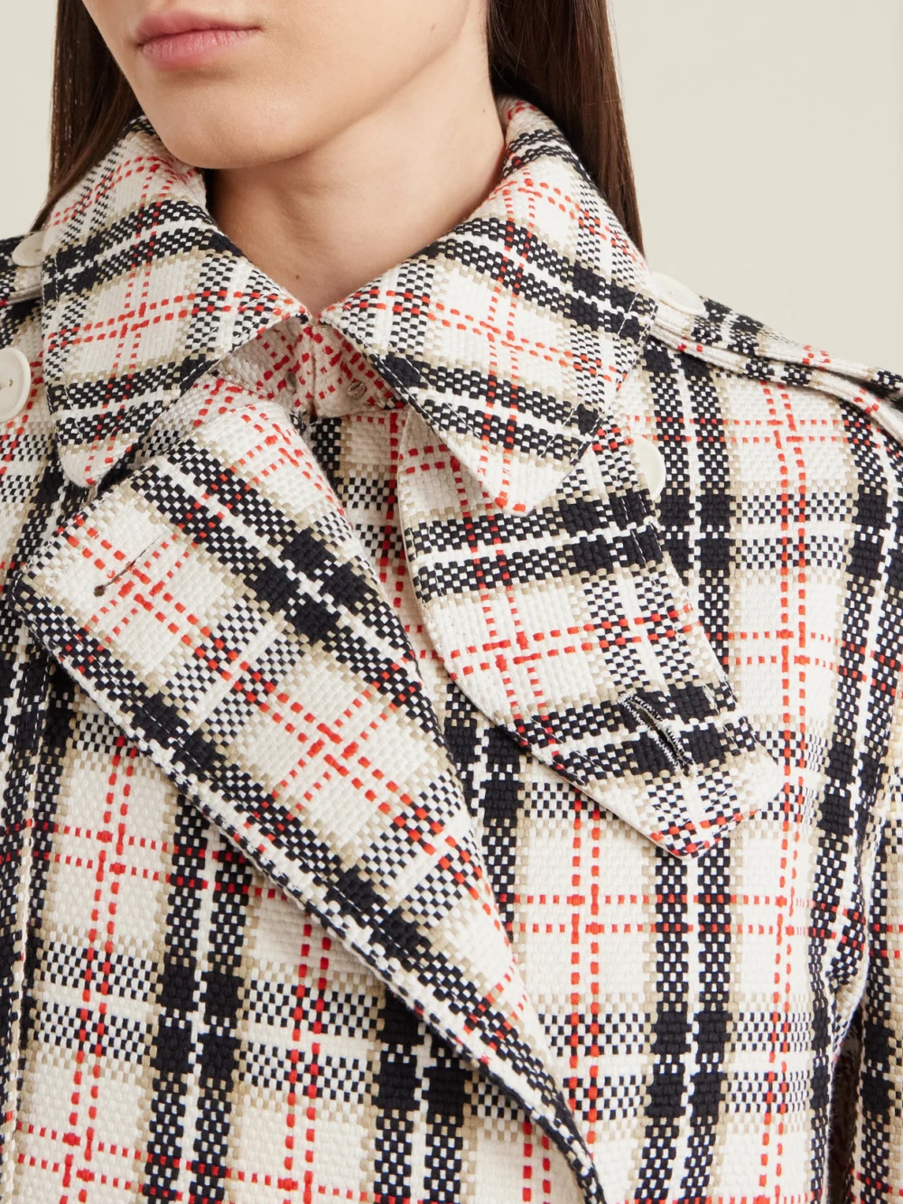 Close-up detail of the S.S. Daley Eve Belted Double-breasted Checked Cotton-blend Tweed Trench Coat