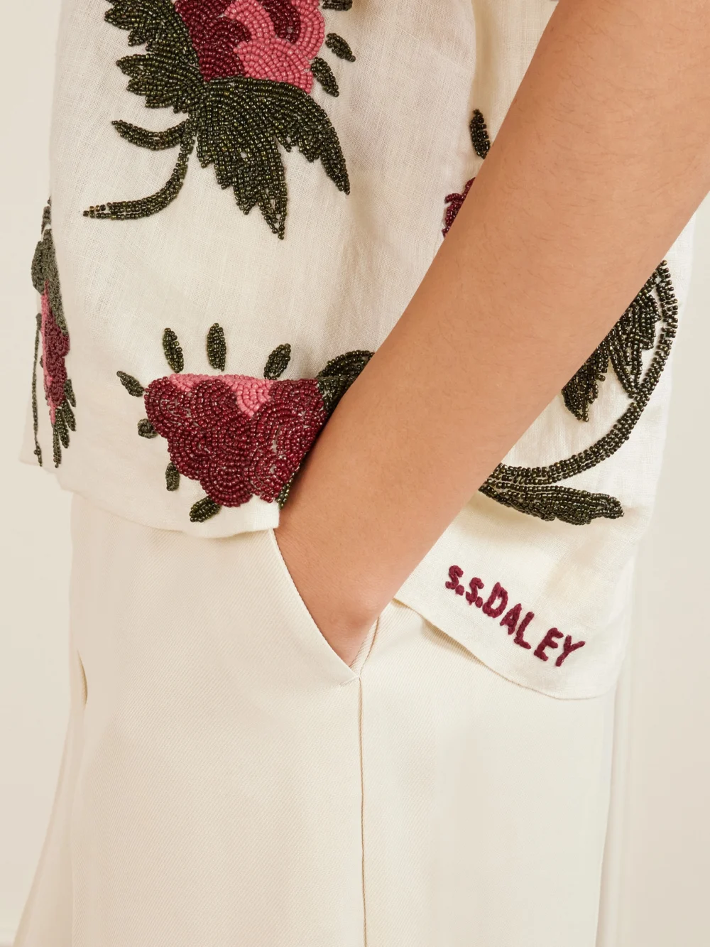 Close-up detail of the S.S. Daley Iona Bead-embellished Linen Shirt