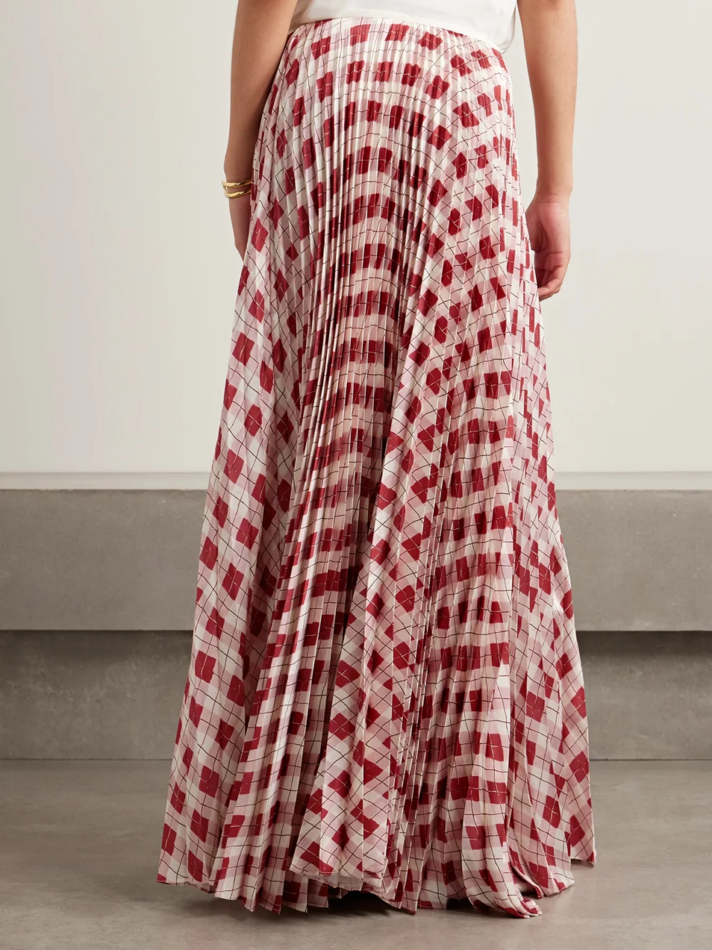Back view of the S.S. Daley Kate Pleated Checked Satin-twill Maxi Skirt