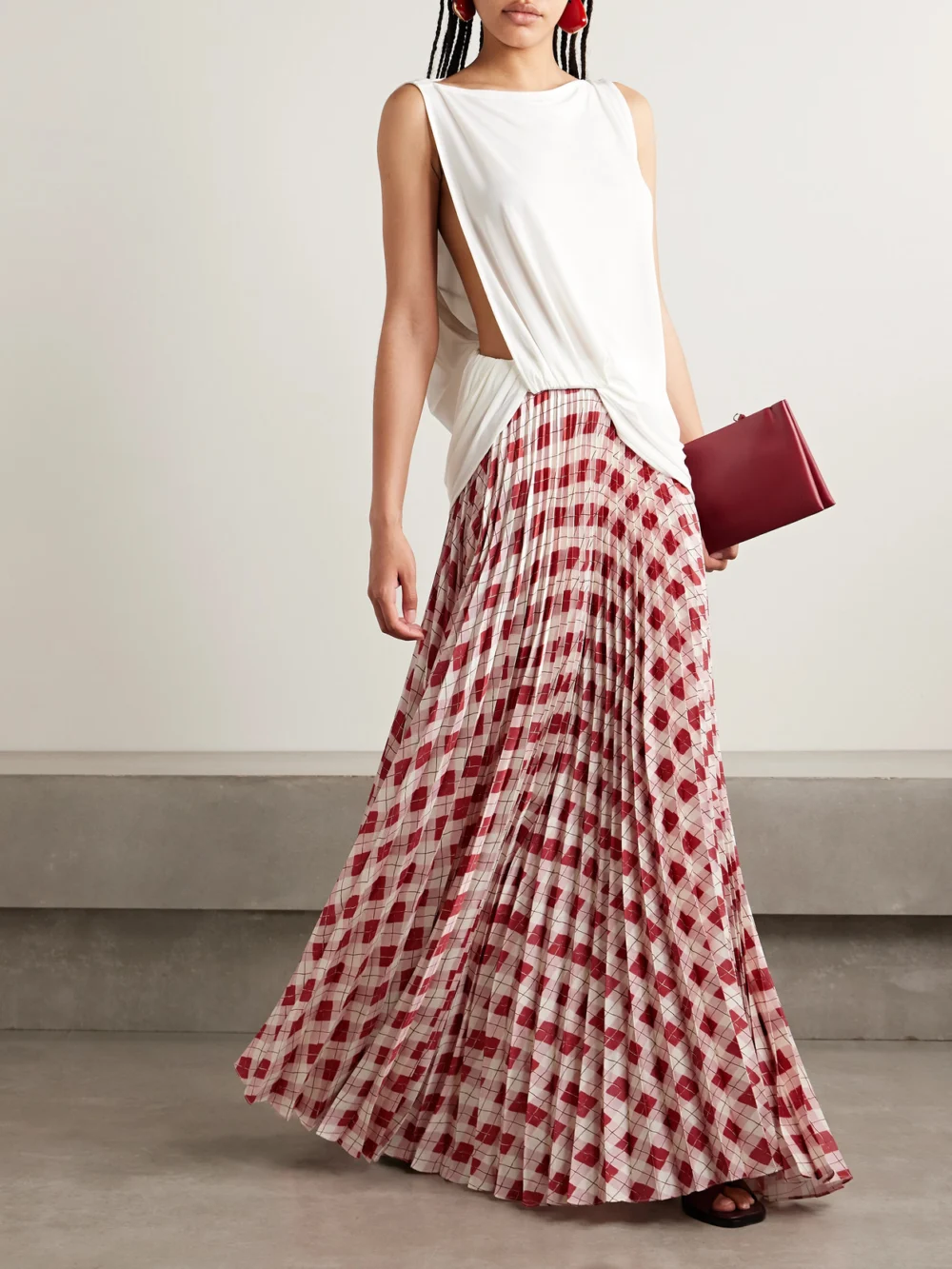 S.S. Daley Kate Pleated Checked Satin-twill Maxi Skirt, worn by a model