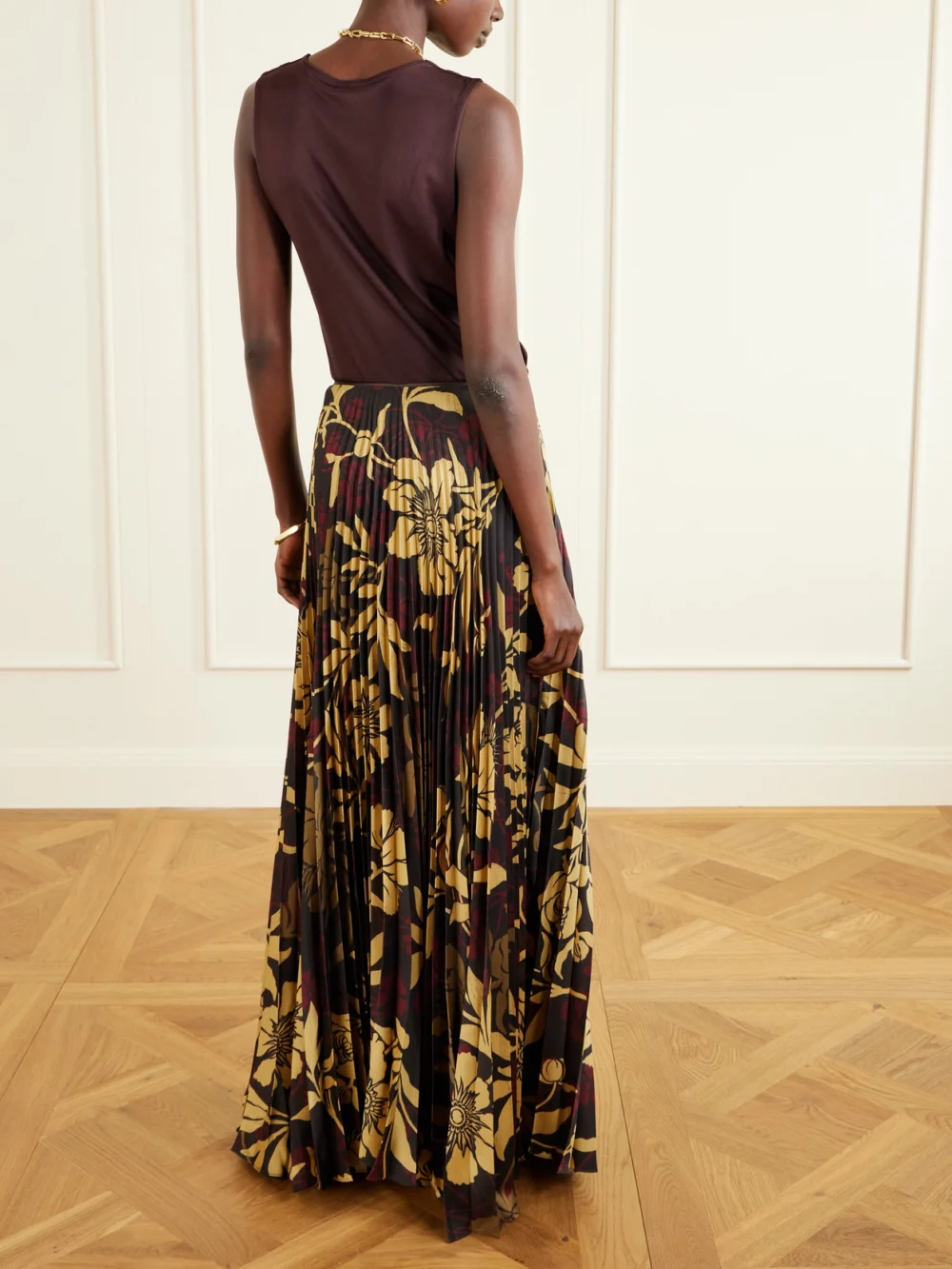 Back view of the S.S. Daley Kate Pleated Floral-print Satin-twill Maxi Skirt