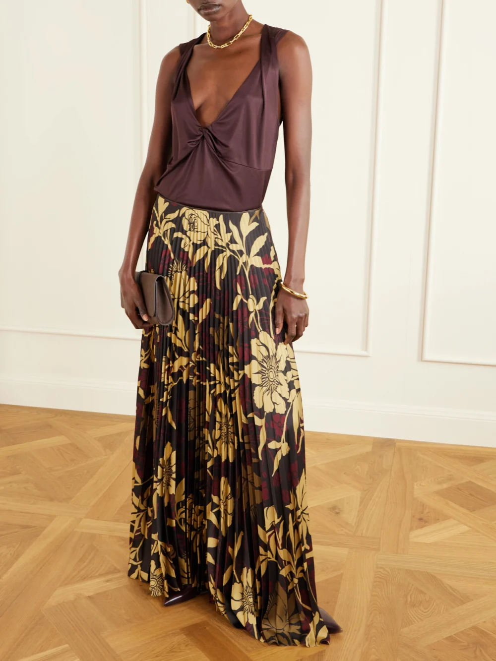 S.S. Daley Kate Pleated Floral-print Satin-twill Maxi Skirt, worn by a model