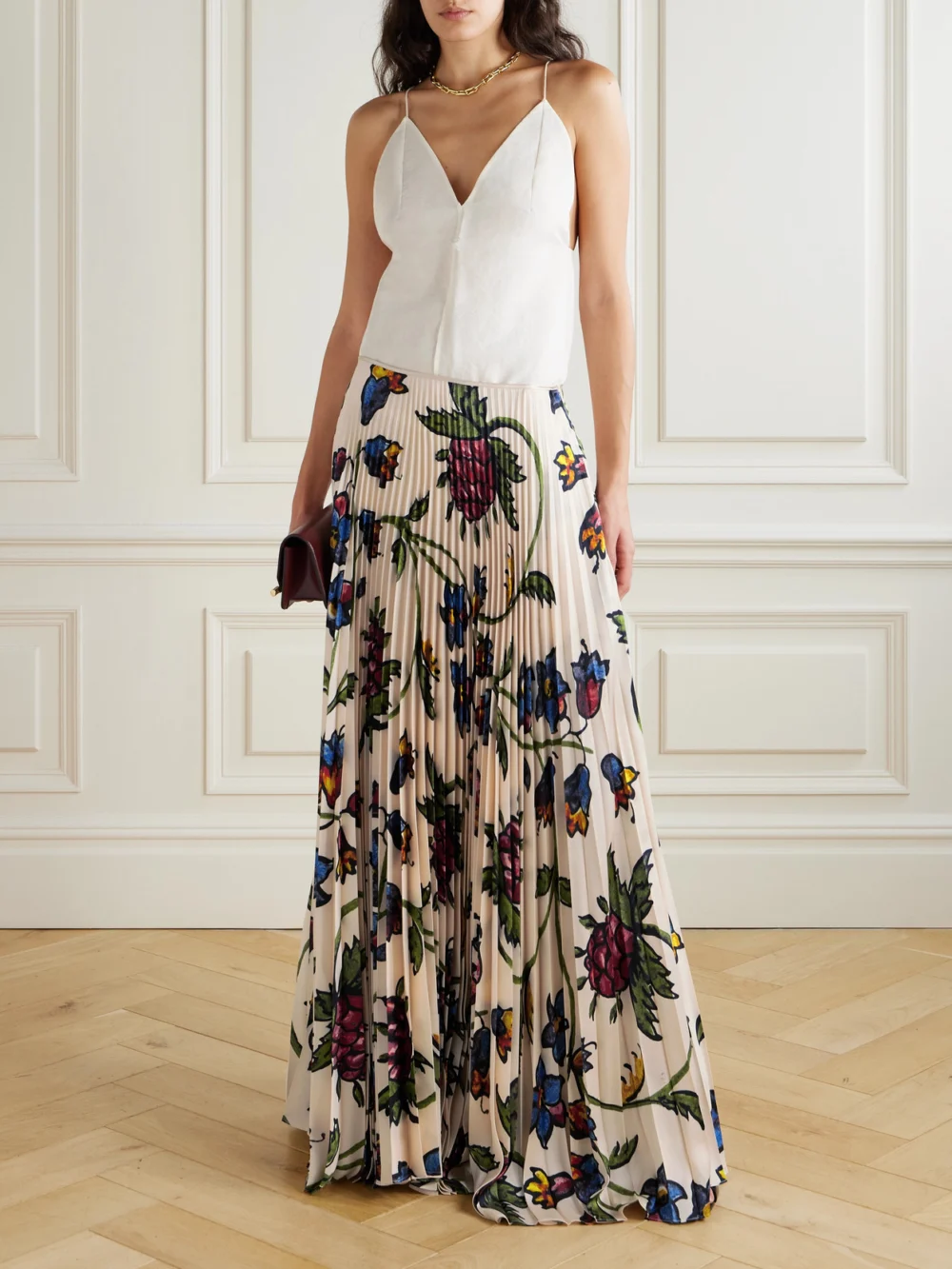 S.S. Daley Kate Pleated Floral-print Satin-twill Maxi Skirt, worn by a model
