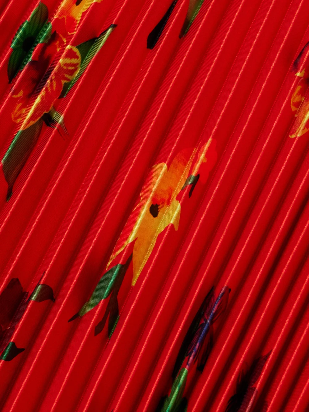 Close-up detail of the S.S. Daley Sunray Pleated Floral-print Satin Maxi Skirt