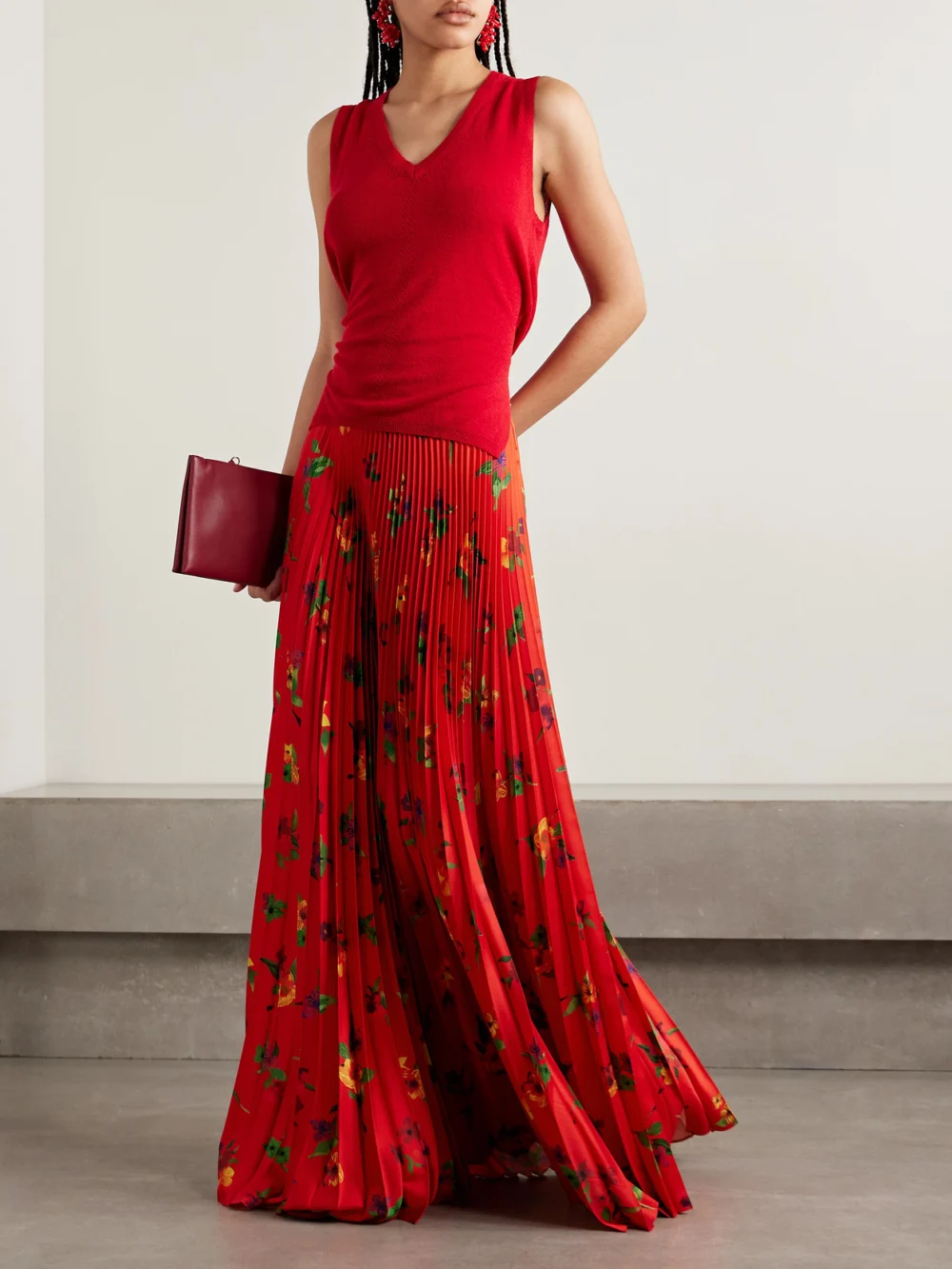S.S. Daley Sunray Pleated Floral-print Satin Maxi Skirt, worn by a model