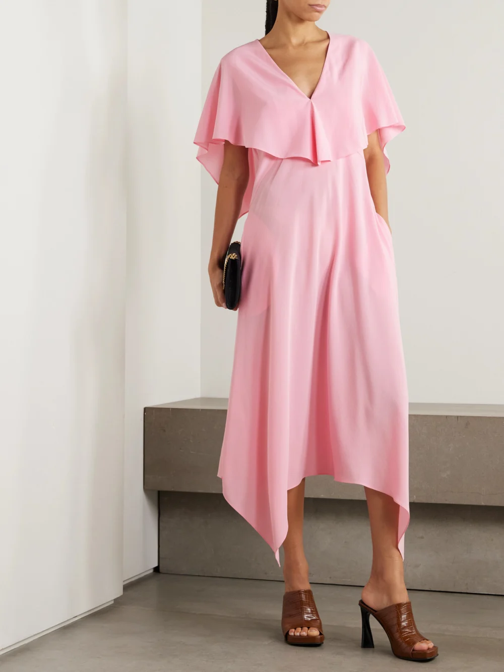 Stella McCartney Asymmetric Draped Silk-crepe Midi Dress, worn by a model