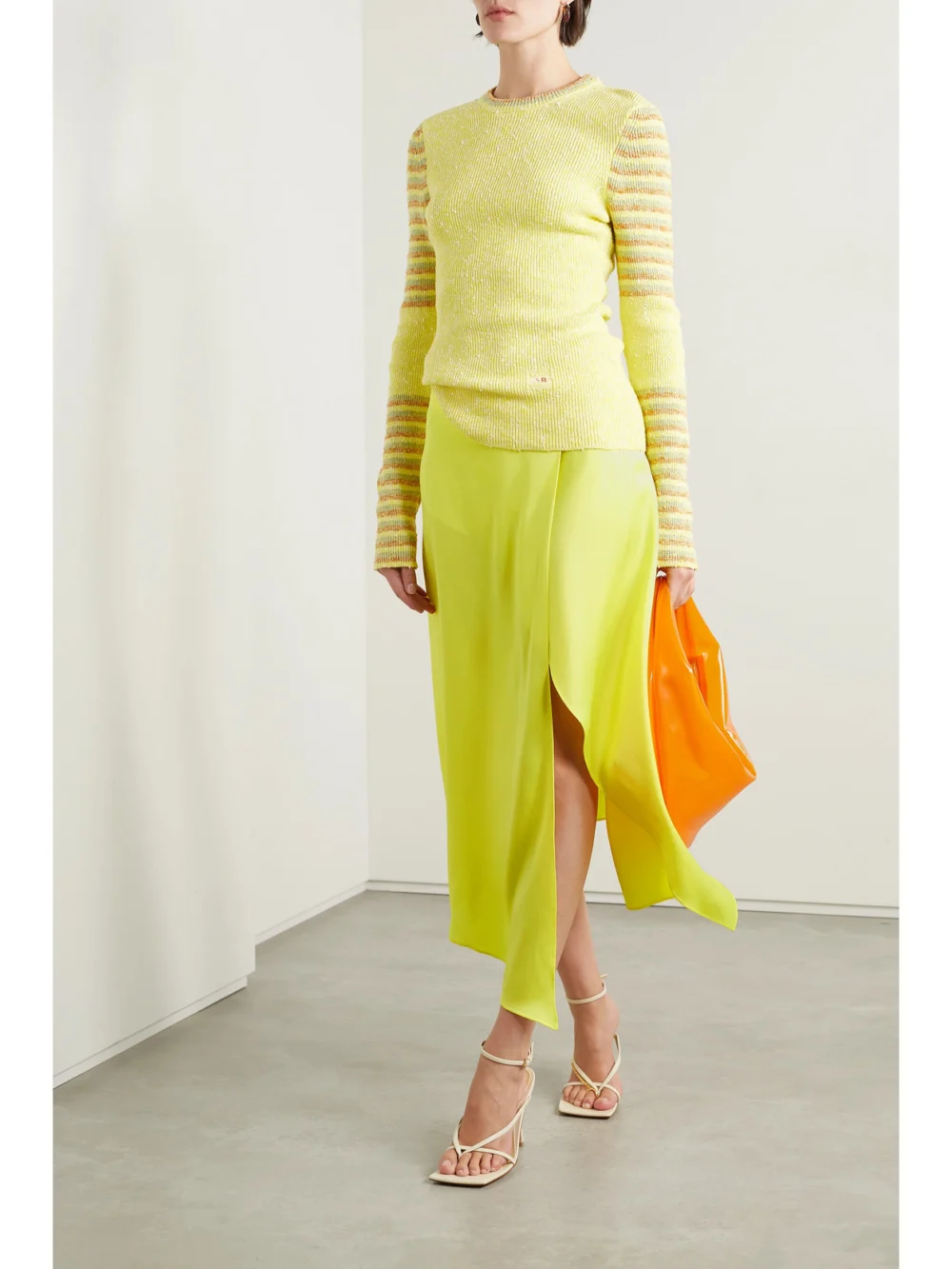 Stella McCartney Asymmetric Wrap-effect Satin Midi Skirt, worn by a model