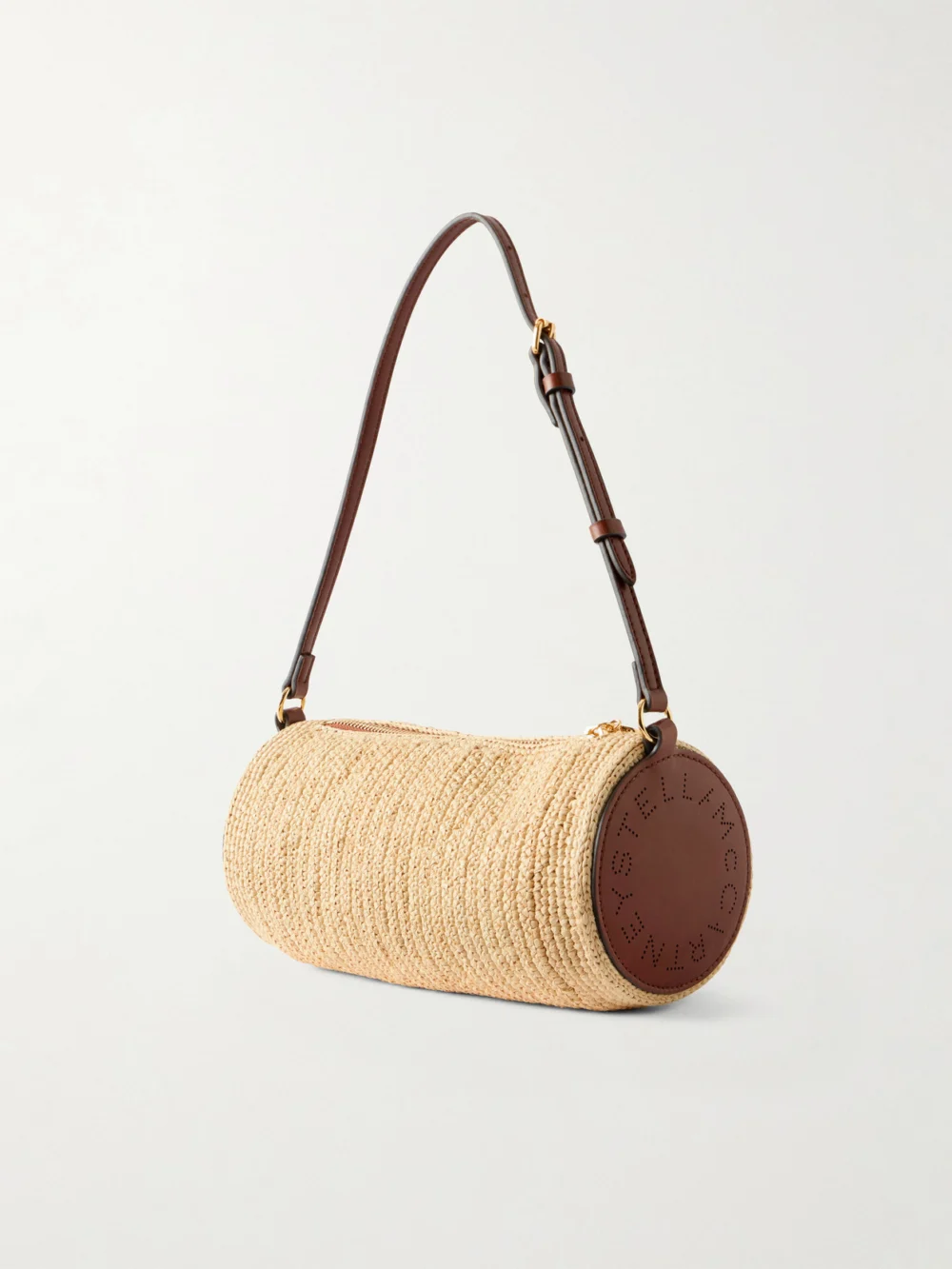 Back view of the Stella McCartney Barrel Vegetarian Material-trimmed Raffia Shoulder Bag