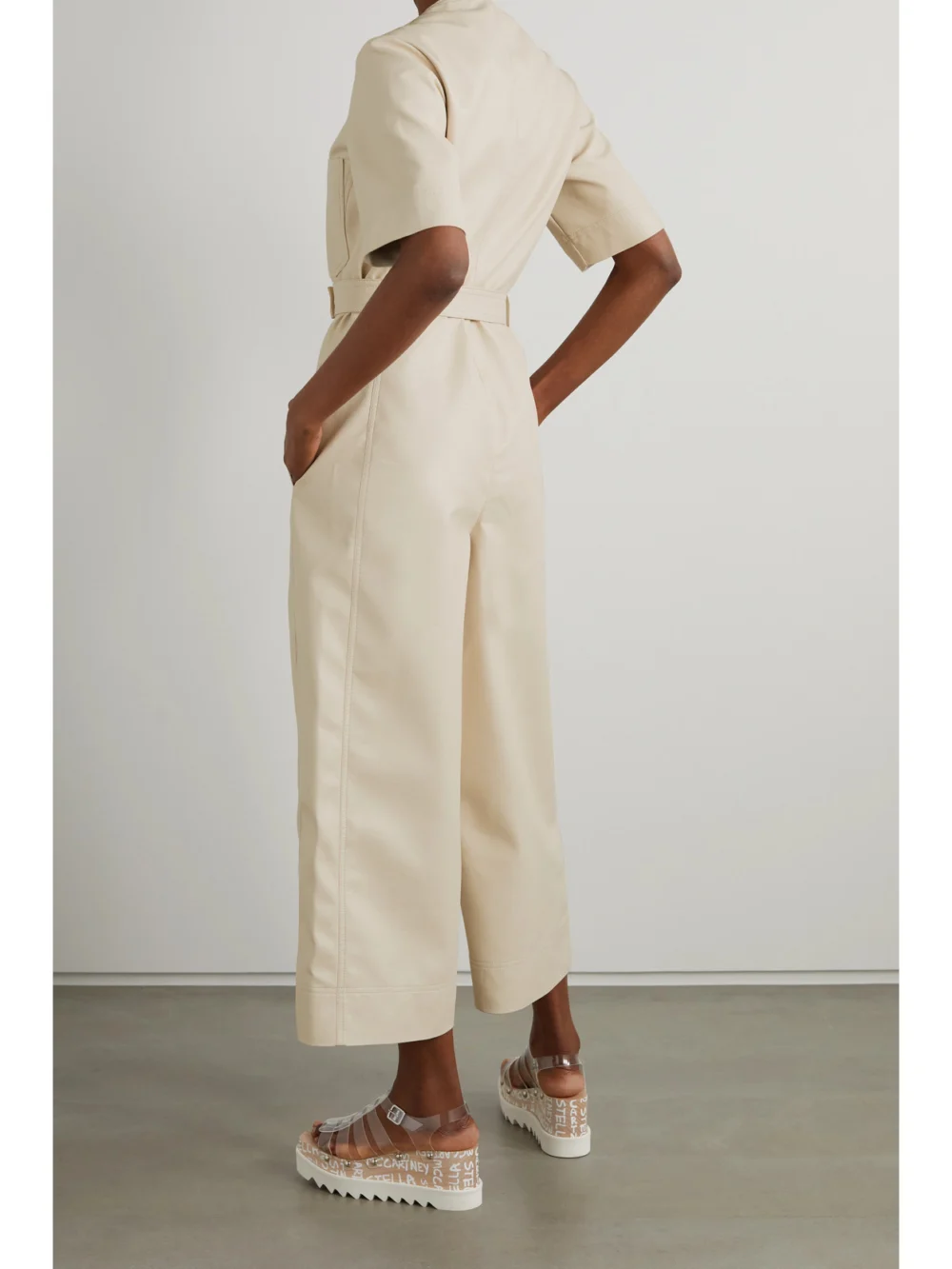 Back view of the Stella McCartney Cropped Belted Vegetarian Fabric Jumpsuit