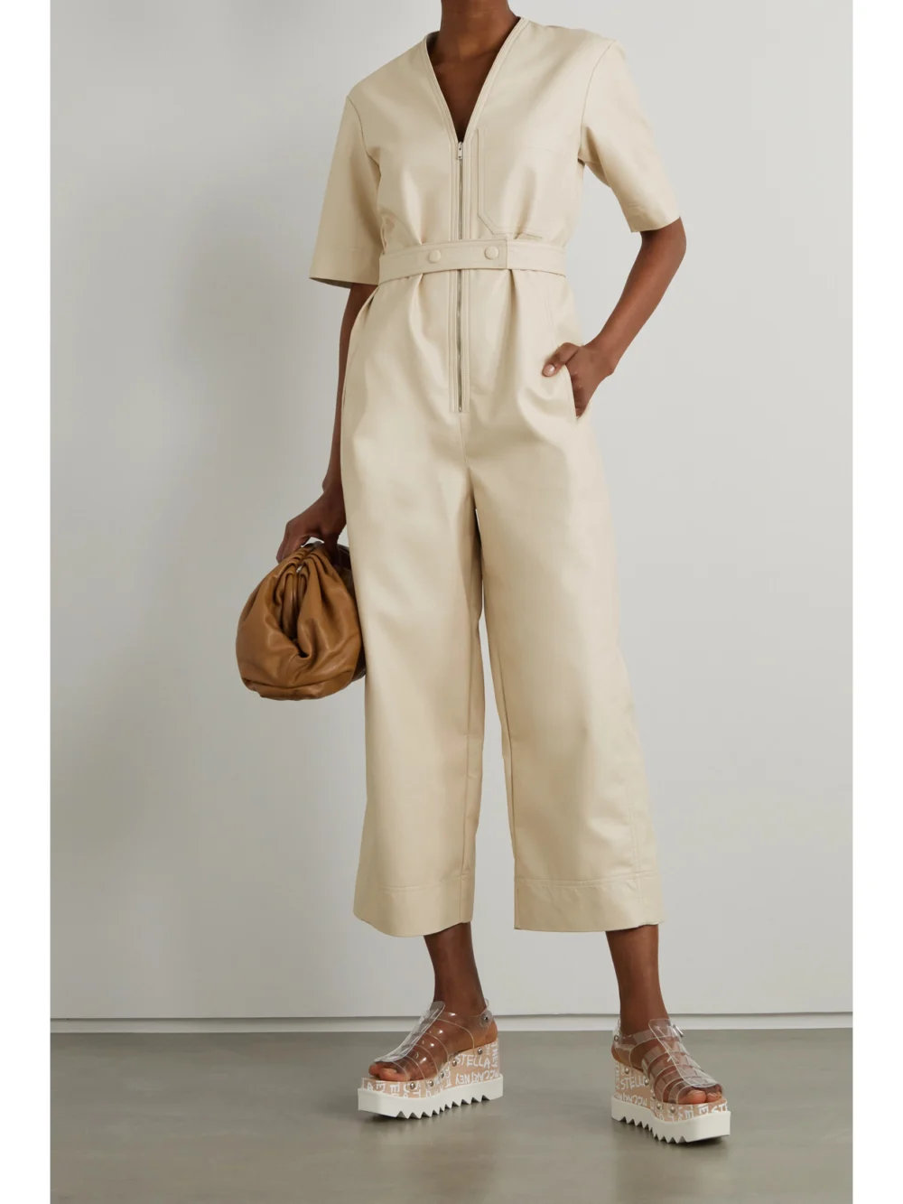 Stella McCartney Cropped Belted Vegetarian Fabric Jumpsuit, worn by a model