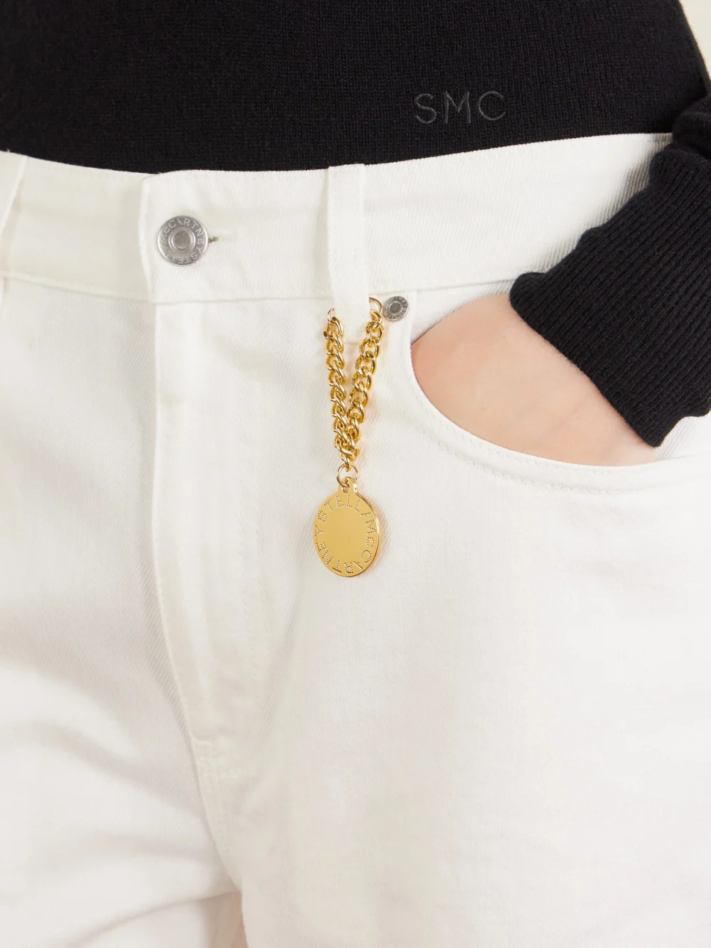 Close-up detail of the Stella McCartney Cropped High-rise Barrel-leg Jeans