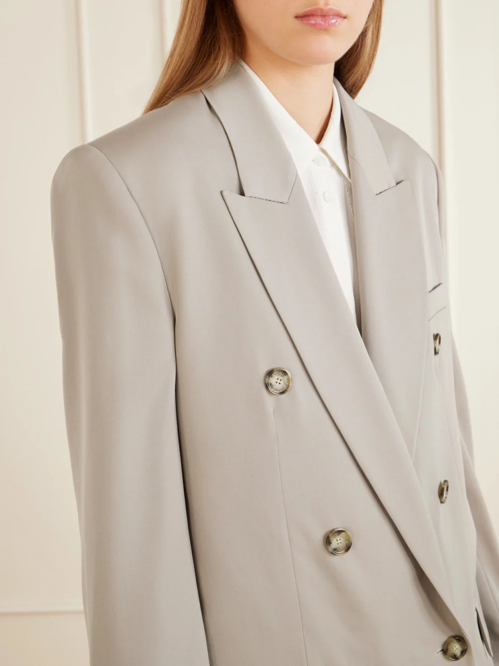 Close-up detail of the Stella McCartney Double-breasted Oversized Wool-twill Blazer