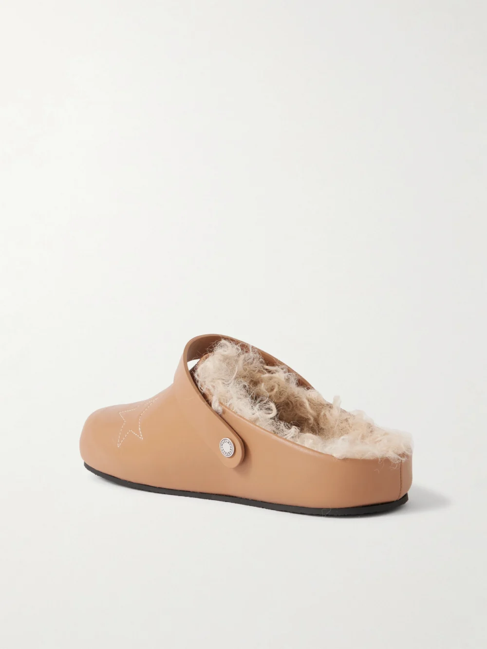 Back view of the Stella McCartney Elyse Embroidered Faux Shearling-lined Vegetarian Leather Mules