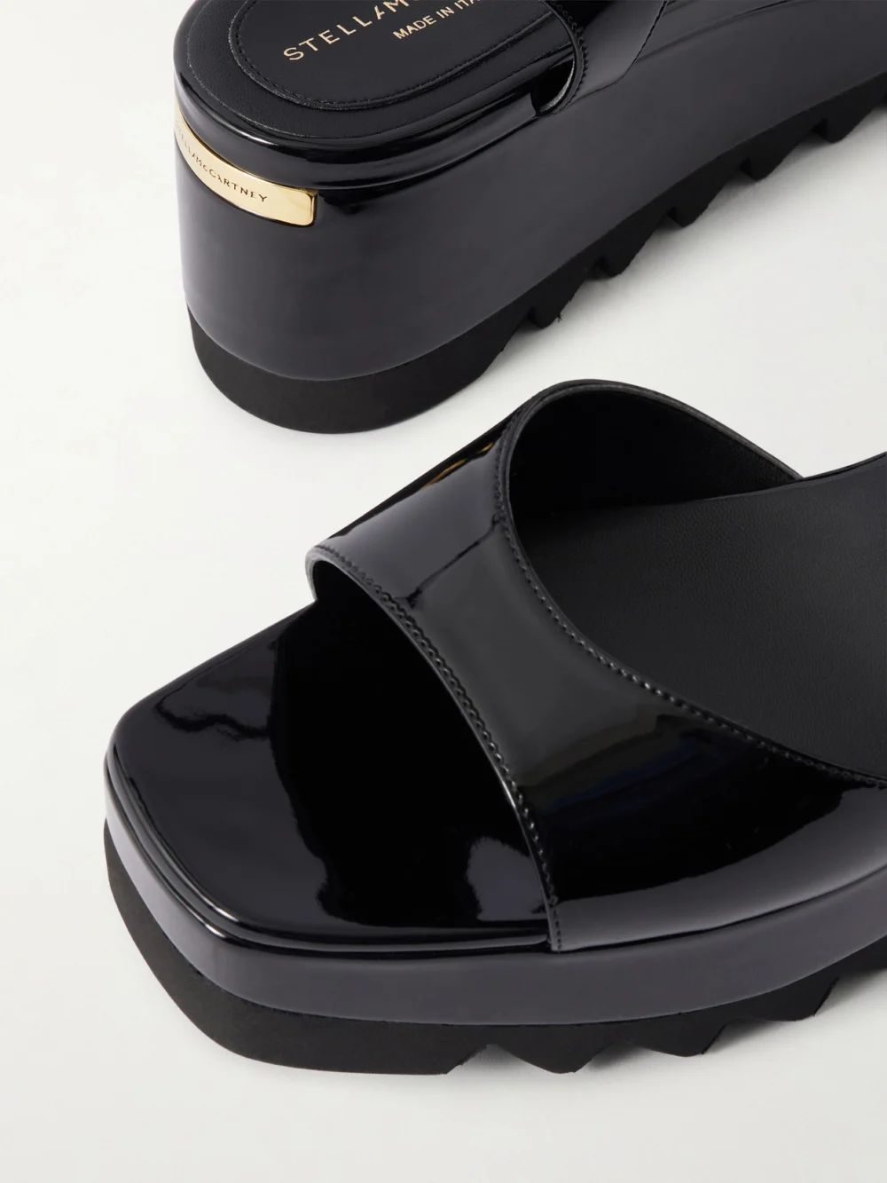 Close-up detail of the Stella McCartney Elyse Patent Platform Sandals