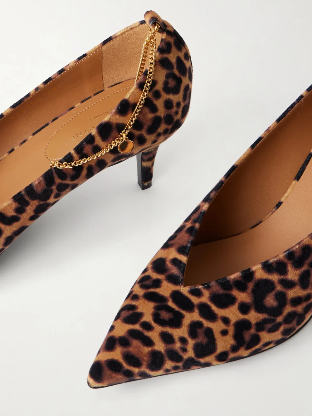 Close-up detail of the Stella McCartney Embellished Leopard-print Velvet Pumps