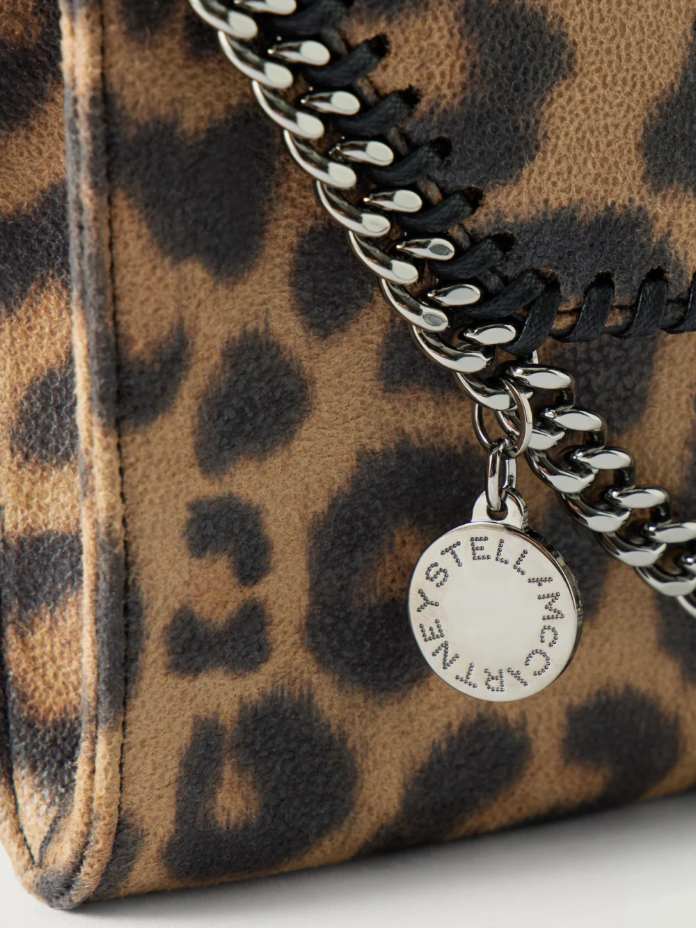 Close-up detail of the Stella McCartney Falabella Leopard-print Shoulder Bag