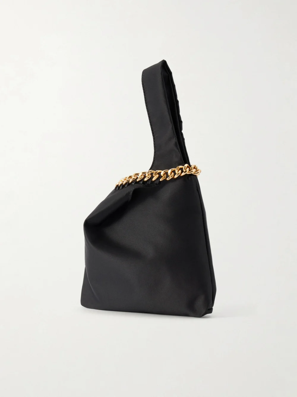 Back view of the Stella McCartney Falabella Logo-embellished Gold-tone and Satin Wristlet Tote
