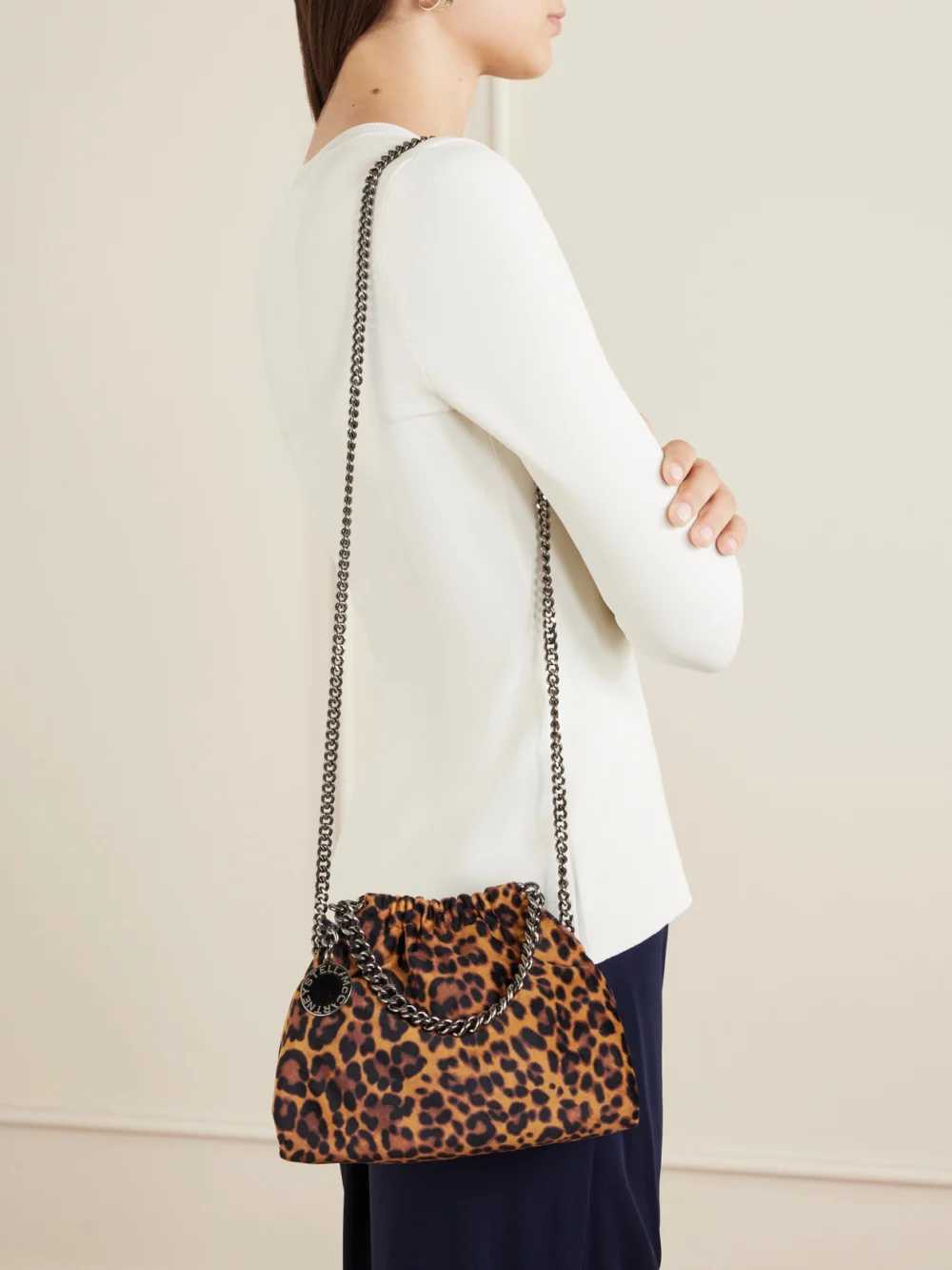 Stella McCartney Falabella Mini Leopard-print Velvet Drawstring Bag, styled view