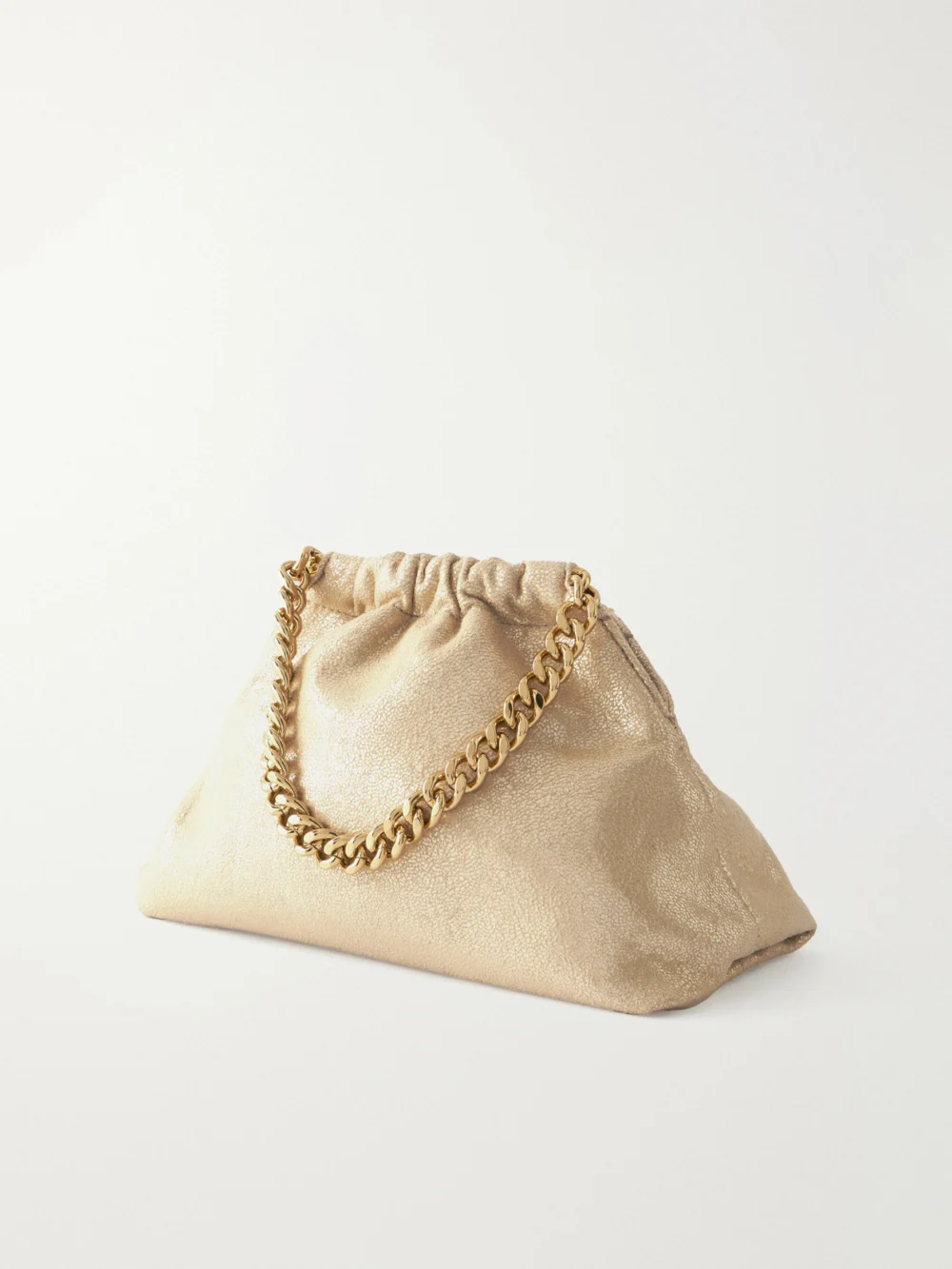 Back view of the Stella McCartney Falabella Mini Metallic Vegetarian Material Drawstring Bag